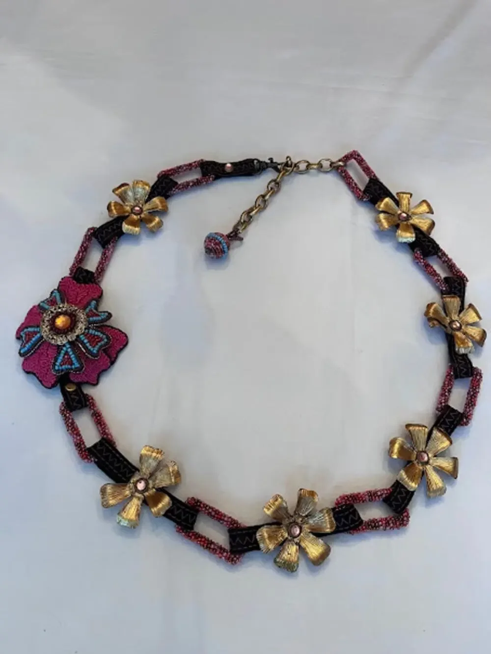 Mary Frances Belt Necklace Boho Beaded Flowers Adjustable Link Vintage 90s